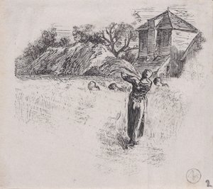 Vrouw die een schoven draagt, ca. 1853. door Charles Emile Jacque