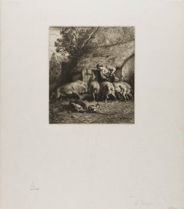 Vrouw voedt zes varkens door Charles Emile Jacque