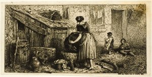 Vrouw die potten wast, met kinderen door Charles Emile Jacque