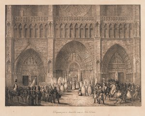 Vlaggen Gevangen bij Austerlitz Ontvangen in Notre Dame, begin 19e eeuw (litho) door Charles Etienne Pierre Motte