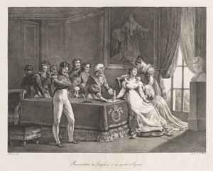 Josephine doet afstand van haar rechten, begin 19e eeuw (litho) door Charles Etienne Pierre Motte