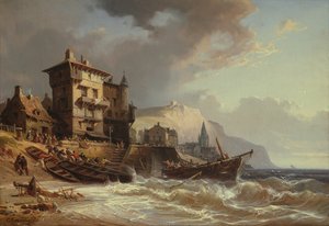 Boten aan wal trekken aan de kust van Bretagne door Charles Euphrasie Kuwasseg