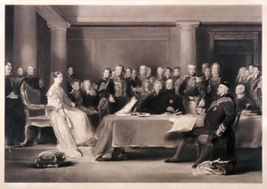 Koningin Victoria die de raad voorzit bij haar troonsbestijging, 1846 door Charles Fox