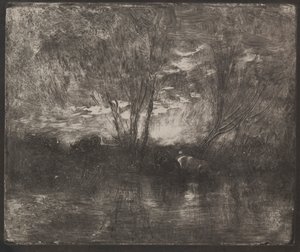 Koeien bij een drinkplaats, originele indruk 1862, gedrukt in 1921