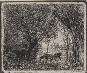 Koeien in het bos, originele indruk 1862, gedrukt in 1921