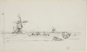 Landschap in Holland (recto); Schets van windmolens bij water (verso) door Charles Francois Daubigny