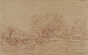 Landschap met grazende en drinkende koeien en een toekijkende stier door Charles Francois Daubigny