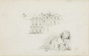 Schetsen: Het Hotel de Ville, Tours en een spelend meisje (recto); Ooievaar (verso) door Charles Francois Daubigny