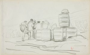 Studie van een groep mensen met vaten (recto); twee studies van een sprokkelende vrouw (verso)