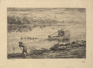 De kajuitjongen sleept de boot door Charles Francois Daubigny