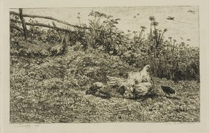 De hen en haar kuikens door Charles Francois Daubigny