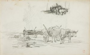Twee schetsen van ossen die een boomstam trekken door Charles Francois Daubigny