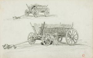 Twee schetsen van een ossenkarren door Charles Francois Daubigny