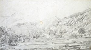 Uitzicht op Gebouwen in een ommuurde Omheining met Bergen op de Achtergrond, midden 19e eeuw door Charles Francois Daubigny