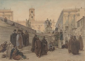 Het Campidoglio gezien vanaf de trap van de kerk van de Aracoeli, Rome, bij zonsondergang