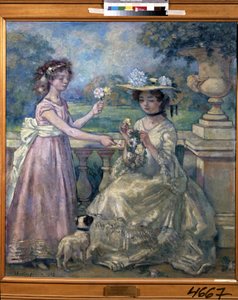 Twee meisjes op een terras door Charles Francois Prosper Guerin