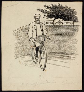 Een man op een fiets voor een bord dat de provinciegrens tussen Middlesex en Buckinghamshire markeert