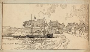 Een zeilboot op het strand bij eb, bij een laan die naar een dorp leidt door Charles George Harper