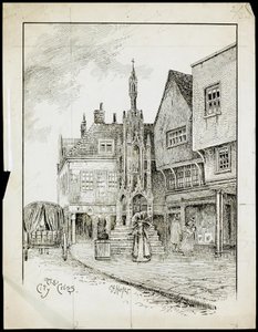 Een uitzicht vanuit het noordwesten van de Butter Cross, High Street, Winchester, Hampshire (pen en inkt op papier) door Charles George Harper