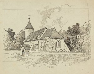 Buitenaanzicht van een niet-geïdentificeerde kerk door Charles George Harper