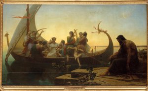Verloren illusies of avond Een allegorische scène met personages op een vertrekkende drakkar, een man blijft op de kade met een lier.