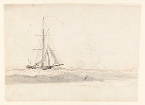 Een cutter voor de wind met een schip in de verte door Charles Gore