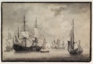 Nederlandse oorlogsschip, staatsjacht en verre schepen in een haven, eind 18e eeuw
