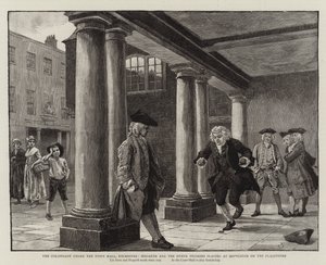 De Colonnade onder het Stadhuis, Rochester, Hogarth en de andere Pelgrims spelen hinkelen op de Vlaggen door Charles Green