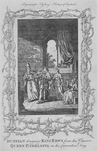 Dunstan sleept koning Edwy weg van zijn gemalin koningin Ethelgiva op zijn kroningsdag, 1773 door Charles Grignion