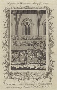 Sir John Dimmock die de Ceremonie van de Uitdaging van de Kampioenen uitvoert bij de Kroning van Richard II in Westminster Hall, 1377