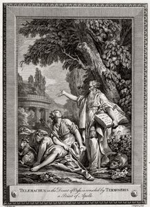 Telemachus, in de woestijn van Oasis, wordt getroost door Termosiris een priester van Apollo, 1774 door Charles Grignion