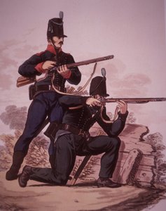 Britse leger schutters van het begin van de 19e eeuw: Soldaat van de 60e Royal American Foot staand, en soldaat van het 95e Rifle Regiment knielend door Charles Hamilton (after) Smith