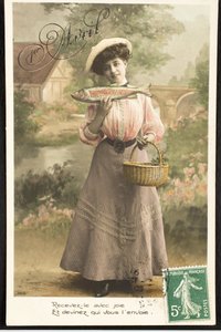 Oude ansichtkaart/Aprilvis/Vrouw van de Belle Epoque door Augustus Kollner