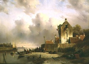 Een estuarium met vissers bij een kade