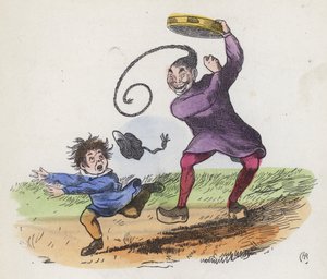 Jongen bang voor een Chinees die een tamboerijn bespeelt door Charles Henry (after) Bennett