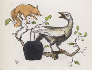 Vos en een gans met zijn staart in een pot lijm (gekleurde gravure)