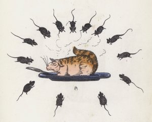 Vraatzuchtige kat op een bord omringd door hongerige muizen