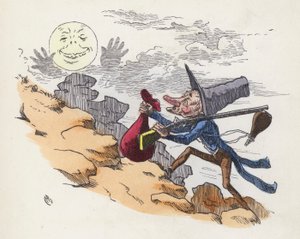 Man die een heuvel beklimt om op de Maan te schieten (gekleurde gravure) door Charles Henry (after) Bennett