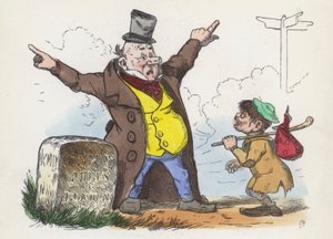 Man die verwarrende aanwijzingen geeft aan een reiziger op weg naar Londen door Charles Henry (after) Bennett