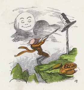 Man die op zijn hoed schiet uit frustratie omdat hij de Maan niet kan raken (gekleurde gravure)