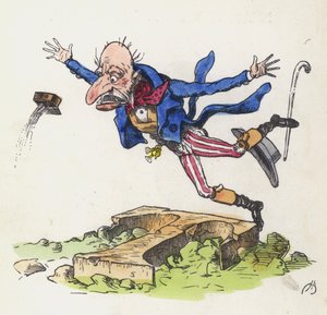 Oude man struikelt over een rots in de vorm van de letter T