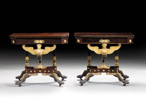 Twee klassieke gesneden kaarttafels, ca. 1815 door Charles Honore Lannuier