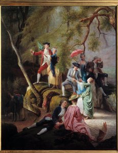 Landelijk vermaak Galante scène tijdens een wandeling van edelen. Schilderij door Charles Gustave Housez (1822-1880) 19e eeuw. Privécollectie door Charles Housez
