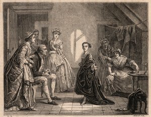 De jeugd van juffrouw Clairon: de jonge Claire-Josephe (Claire Josephe) Leris (1723-1803) reciteert de verzen van het toneelstuk dat ze net heeft gezien. Ze werd een comédienne onder de naam 