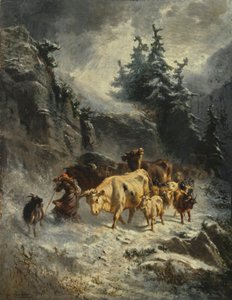 Frans: Troupeau dans une tempête de neige Kudde in een sneeuwstorm door Charles Humbert