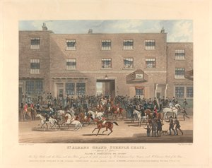Steeple-chasing [set van zes]: St. Albans Grand Steeple Chase. 8 maart 1832. Plaat 1. Voorbereiding om te starten... door Charles Hunt