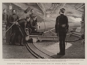 Oefening met een 6-inch achterlaadkanon aan boord van HMS Conqueror door Charles J. Staniland