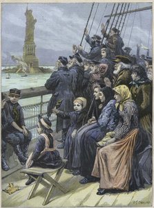 Joodse immigranten arriveren in New York, VS in 1892 - Joodse vluchtelingen uit Rusland passeren het kolossale standbeeld in de haven van New York - gravure door Charles Joseph Staniland - 