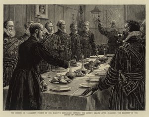 De opening van het parlement, Yeomen van de lijfwacht van Hare Majesteit drinken de gezondheid van de koningin na het doorzoeken van de kelder van het parlement door Charles J. Staniland