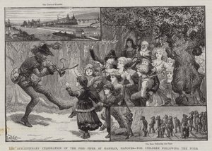 De zesde-eeuwse viering van de rattenvanger van Hamelen, Hannover, de kinderen die de rattenvanger volgen door Charles J. Staniland